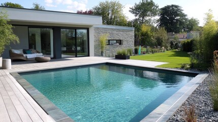 Fototapeta premium Minimalist Garden Oasis with Pool and Veranda