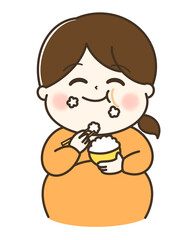 ご飯を美味しそうにもぐもぐ食べる太った女性の上半身のゆるかわイラスト