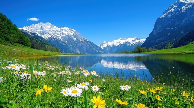 Serene alpine lake reflecting snow capped mountains under blue sky