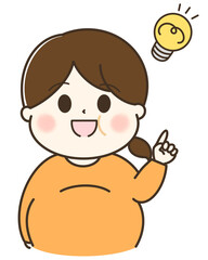 電球とひらめく太った女性の上半身のゆるかわイラスト　右