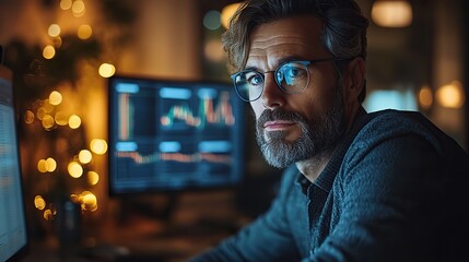 focused professional analyzing financial trends on multiple computer screens in busy stock exchange office