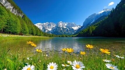 Scenic mountain lake surrounded by green forest and wildflowers