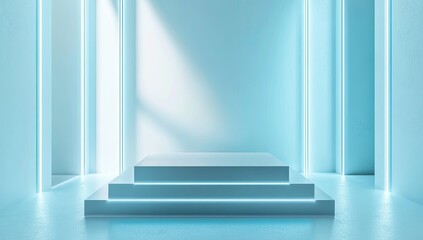 Minimalist blue platform, neon lights, studio, product display