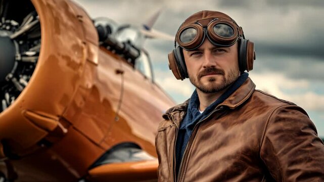 A pilot in a brown leather flight jacket and vintage goggles stands confidently beside an old-fashioned aircraft. The classic plane&rsquo;s propeller is visible behind him, under a cloudy sky, evoking nosta