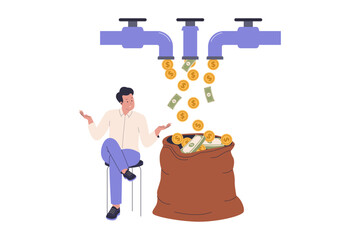 Illustration of multiple streams income. Men relax while enjoying passive income from multiple streams. Illustrations for websites, landing pages, mobile apps, posters and banners