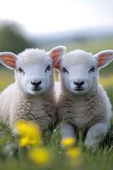 Obraz premium Two lambs lying in grass with dandelions