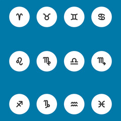 Zodiac horoscope. Twelve astrological icon symbols set. Stylized star signs esoteric. Simple line vector illustration.