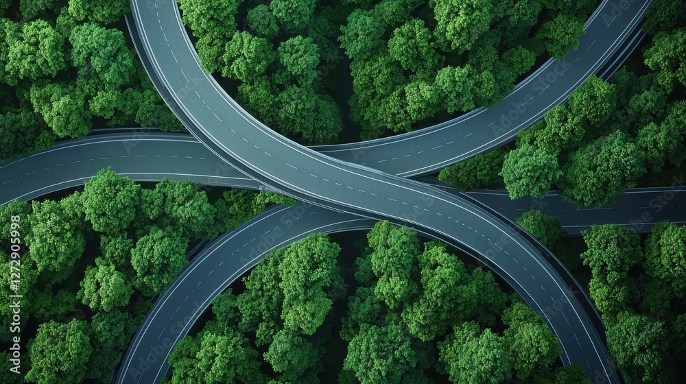 Poster a series of overpasses and ramps connecting different highways, creating a visually striking tapestr