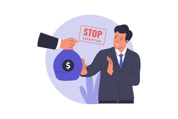 Illustration of stop corruption concept. Man refuses bribe. Illustrations for websites, landing pages, mobile apps, posters and banners
