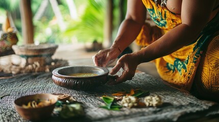 A person preparing kava using traditional methods in a home kitchen.