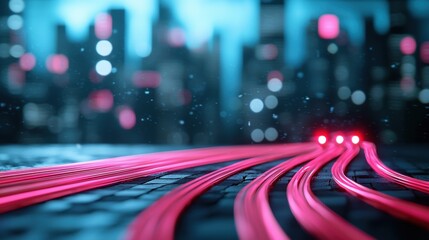 A cityscape illuminated by city lights, with streaks of light from moving vehicles crisscrossing the urban grid, highlighting the tireless activity of city life after dark.