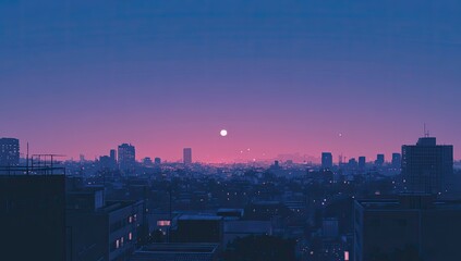 Dusk cityscape, city rooftop view, moonlit skyline