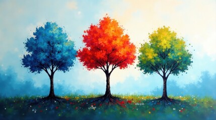 Fototapeta premium Vibrant Trio of Trees in a Serene Meadow Landscape Featuring Bold Hues of Blue, Red, and Green Foliage Against a Soft, Hazy Sky