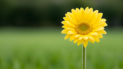 Fototapeta premium Yellow gerbera daisy flower stands tall against a blurred green field background in bright daylight.