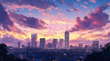 Fototapeta premium A cityscape featuring iconic skyscraper silhouettes illuminated by the soft glow of twilight