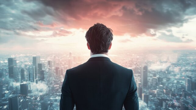 From a high rise office overlooking a bustling cityscape, a determined businessman in a power suit gazes out the window, strategizing his next move with unwavering focus.