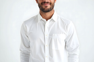 Close up of man in white button down shirt looks at camera