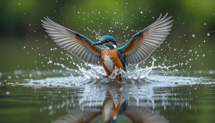 Obraz premium Kingfisher in Action – Emerging from Water with Wings Spread Wide