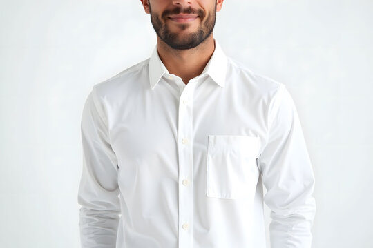 Close up of man in white button down shirt looks at camera