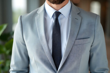 Close up of man's light grey suit jacket and dark grey tie