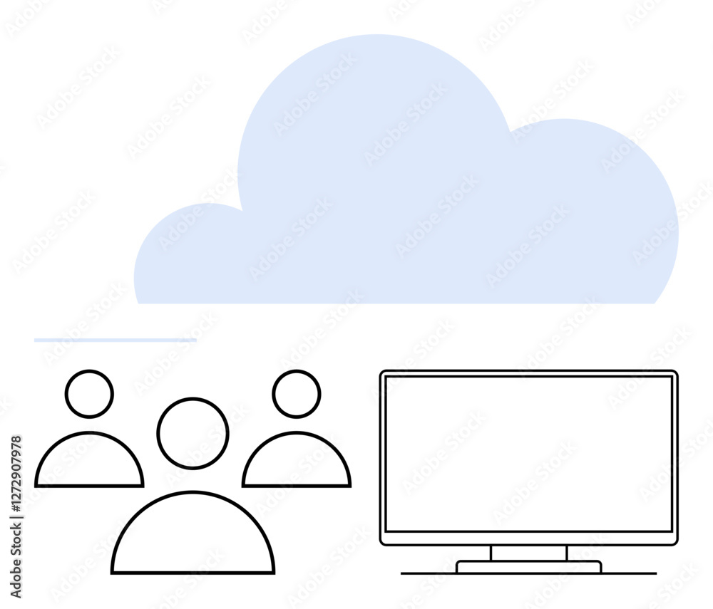 Poster three users connected to a large screen monitor under a cloud, representing team collaboration and r