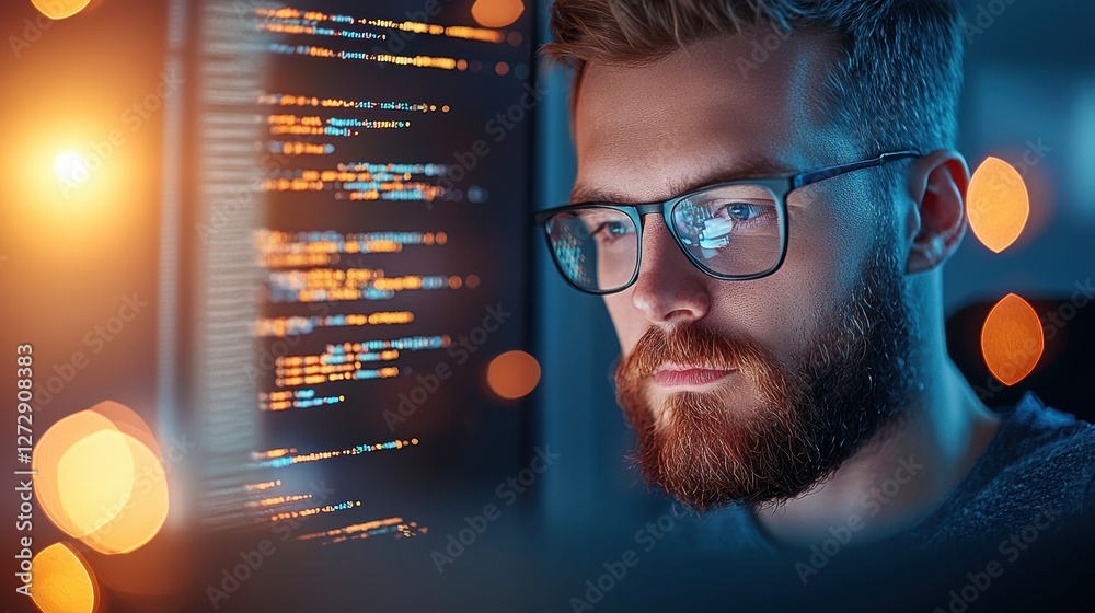Poster a team of software developers working together on lines of code, their faces illuminated by multiple