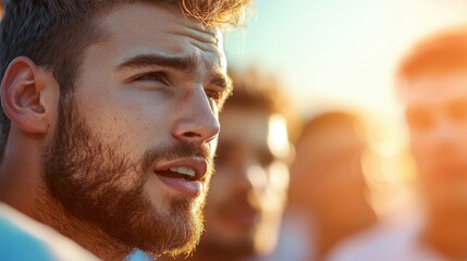 A group of athletes huddled together before a big game, their coach giving a pep talk that ignites their determination and team spirit.