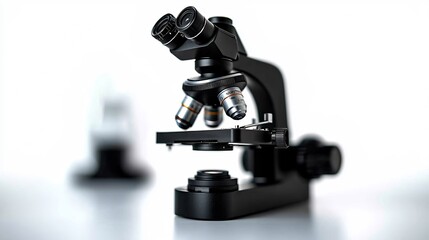 Detailed Black Microscope Isolated on White Surface with Scientific Instruments