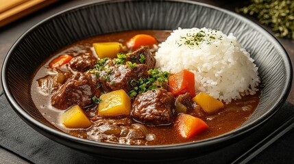 A bowl of hearty beef stew served with rice and colorful vegetables.