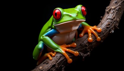 Naklejka premium Red-Eyed Tree Frog on Twisting Branch – Hyper-Realistic Close-Up