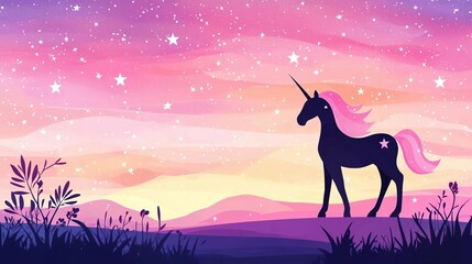 Naklejka premium A magical unicorn silhouette against a vibrant sunset landscape filled with stars.