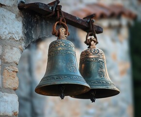 Two old bells hanging on rusty metal bar on blurred stone wall background