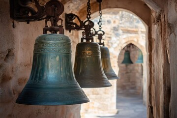 Naklejka premium Large bronze bells hanging in a monastery