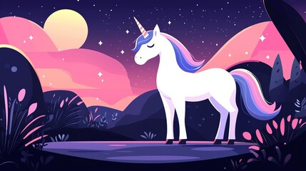 Fototapeta premium A magical unicorn stands serene under a colorful night sky with stars and moon.