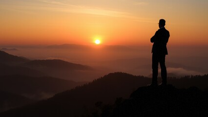 Fototapeta premium silhouette of a businessman standing on a mountain peak at sunrise. represents success, ambition, and achieving goals. ideal for business, leadership, and motivational concepts.