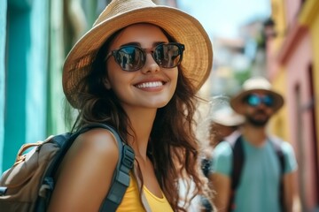 Young tourist smiling wearing sunglasses and hat in Cartagena, Colombia