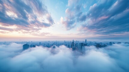 A breathtaking view of a city skyline at twilight, with the city lights twinkling below and a deep blue sky above.