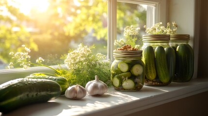 Preparing homemade pickles with fresh cucumbers, garlic, dill and spices on windowsill