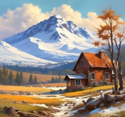 Fototapeta premium Illustration of spring landscape on mountain.