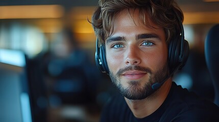 friendly customer support representative with headset smiling while working on a computer in a professional office setting offering excellent service,communication assistance