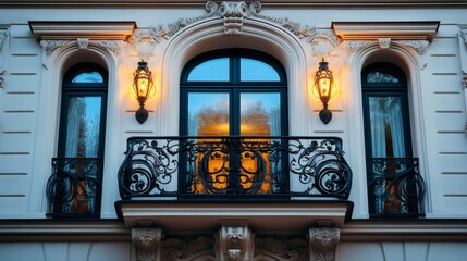 Obraz premium Elegant wrought iron balcony and lanterns illuminating a building facade