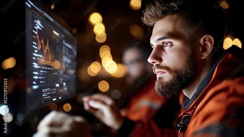 Poster focused male analyst engaged with computer screen displaying data and graphs in dimly lit environmen