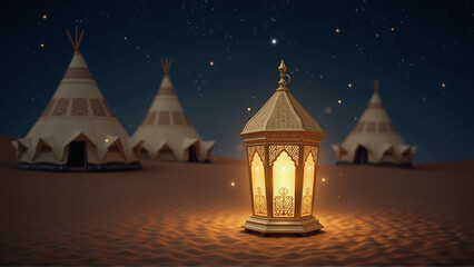 Fototapeta premium Luminous decorative metal lantern, Arabic accessories and decorations, Islamic art, traditional Islamic antiques to celebrate the coming of the month of goodness, lights and decorations islam