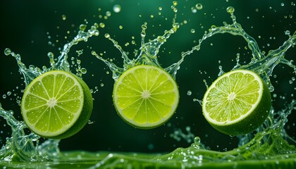 Fresh Lime Slices Splashing in Vibrant Green Liquid – Hyper-Realistic Close-Up