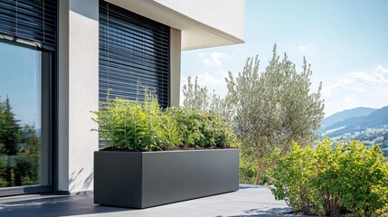 A black, slim, rectangular plant pot with plants in it, placed on the terrace of an apartment building in Switzerland