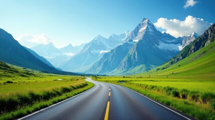 Asphalt ribbon unwinding through vibrant green meadows towards majestic snow-capped mountains under a brilliant summer sky