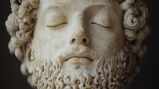 Impressive closeup of a detailed statue of a bearded man capturing an ancient artistic expression