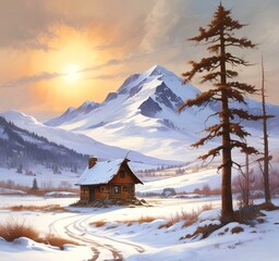 Fototapeta premium Illustration of spring landscape on mountain.