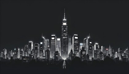 Obraz premium Minimalist Futuristic City Skyline at Night – Black and White Digital Art