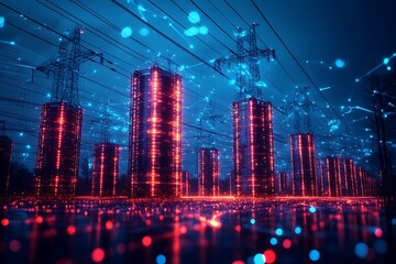 Fototapeta premium Landscape with power lines at sunrise 